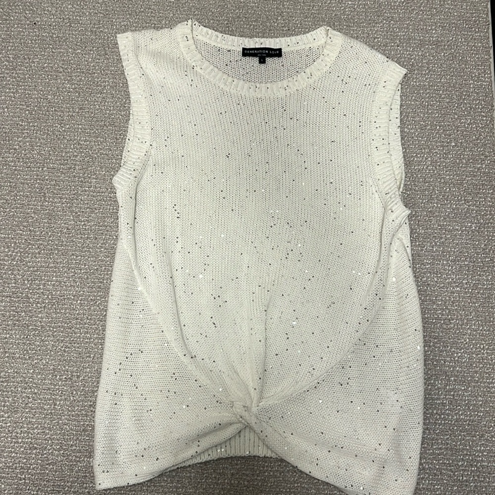 Generation Love Crewneck Twisted Front Sequin Sleevless Sweater in White